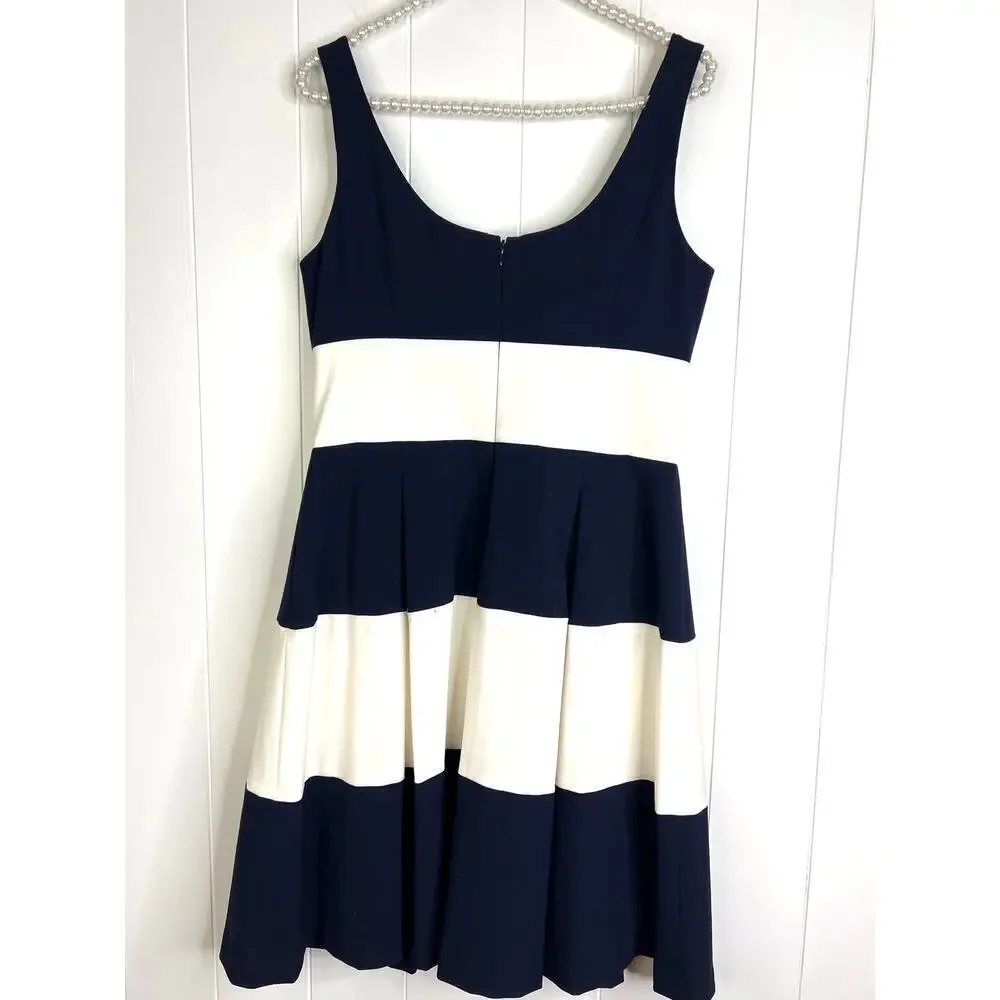 Lauren Ralph Lauren Navy‎ and White Wide Strip Pleated Tank Dress Size 8 - Picture 6 of 8